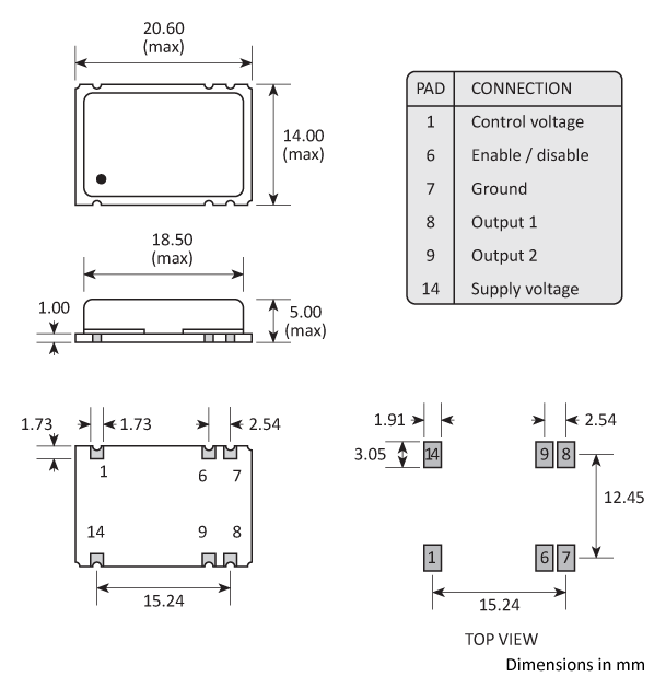 Package footprint and pad configuration drawing for the Golledge GVXO-37N VCXO showing full dimensions.