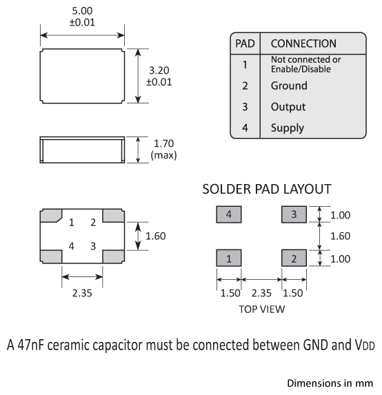 Package footprint and pad configuration drawing for a Golledge 5032 MCSO2 series oscillator. Package footprint and pad configuration drawing for a Golledge 5032 MCSO2 series oscillator.
