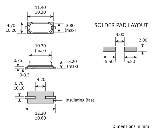 Package footprint and pad configuration drawing for the Golledge GSX49-3 Crystal showing full dimensions.