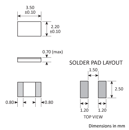 Package footprint and pad configuration drawing for the Golledge CC6 Crystal showing full dimensions. Package footprint and pad configuration drawing for the Golledge CC6 Crystal showing full dimensions.