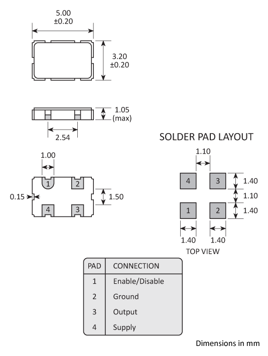 Package footprint and pad configuration drawing for a Golledge 5032 Oscillator showing full dimensions.