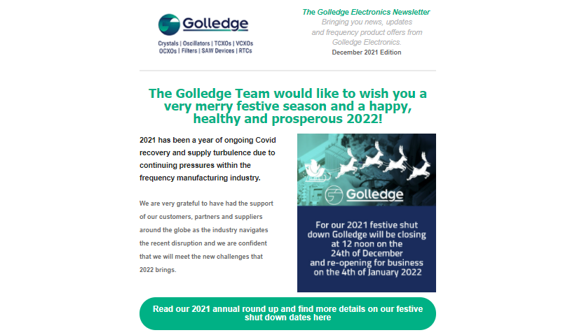 The Golledge December 2021 newsletter contains our festive shutdown dates and our annual round up of a challenging year of recovery.