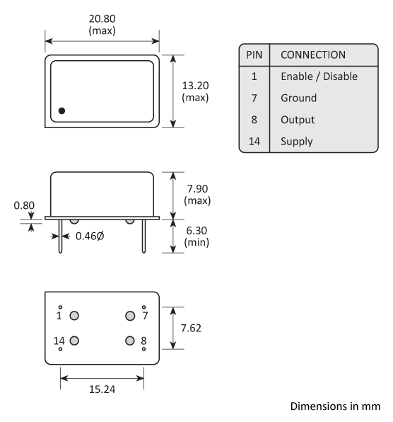 Package footprint and configuration drawing for Golledge DIL-14 TCXOs showing full dimensions. Package footprint and configuration drawing for Golledge DIL-14 TCXOs showing full dimensions.
