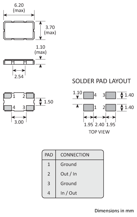 Package footprint and configuration drawing for a 6035 4-pad Golledge Crystal Filter showing full dimensions. Package footprint and configuration drawing for a 6035 4-pad Golledge Crystal Filter showing full dimensions.