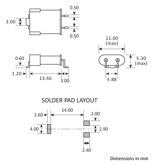 Package footprint and pad configuration drawing for the Golledge HC49J Crystal showing full dimensions.