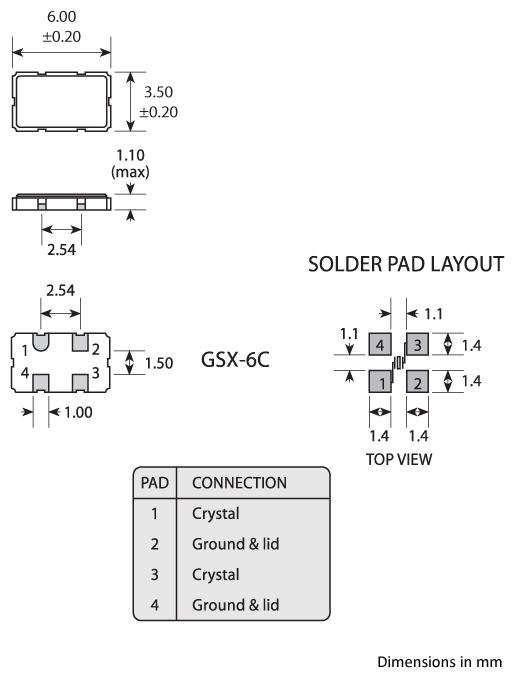 Package footprint and pad configuration drawing for the Golledge GSX-6C Crystal showing full dimensions.