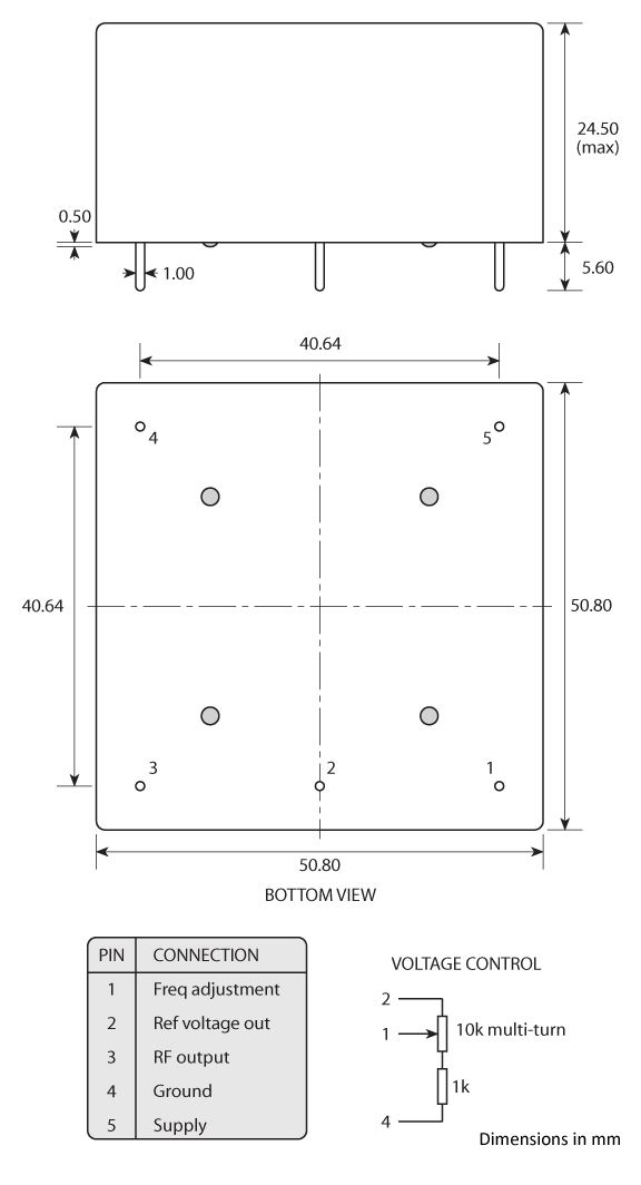 Package footprint and pad configuration drawing for the Golledge HCD 51x51 OCXO showing full dimensions. Package footprint and pad configuration drawing for the Golledge HCD 51x51 OCXO showing full dimensions.