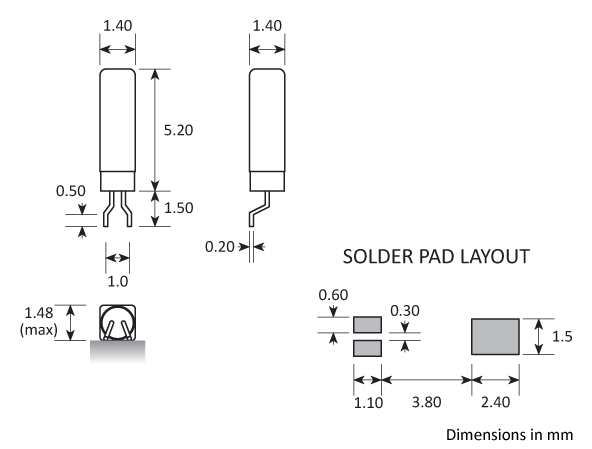 Package footprint and pad configuration drawing for the Golledge MS3V-T1R Crystal showing full dimensions. Package footprint and pad configuration drawing for the Golledge MS3V-T1R Crystal showing full dimensions.