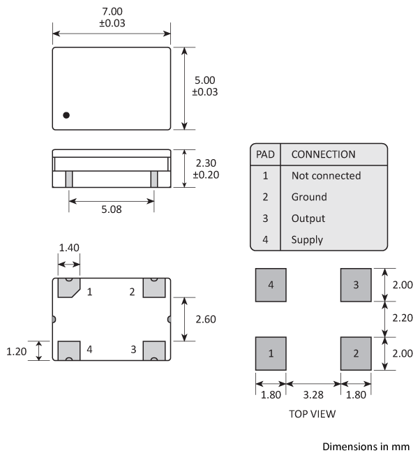 Package footprint and pad configuration drawing for the Golledge GTXO-74T TCXO showing full dimensions.