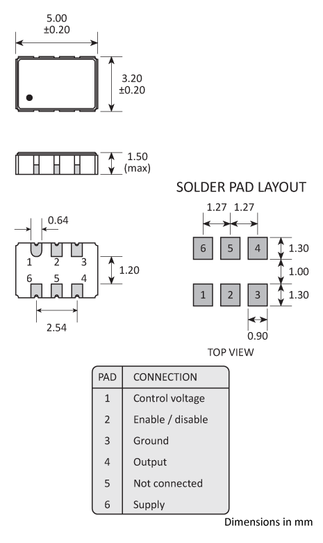 Package footprint and pad configuration drawing for the Golledge GVXO-533 VCXO showing full dimensions. Package footprint and pad configuration drawing for the Golledge GVXO-533 VCXO showing full dimensions.