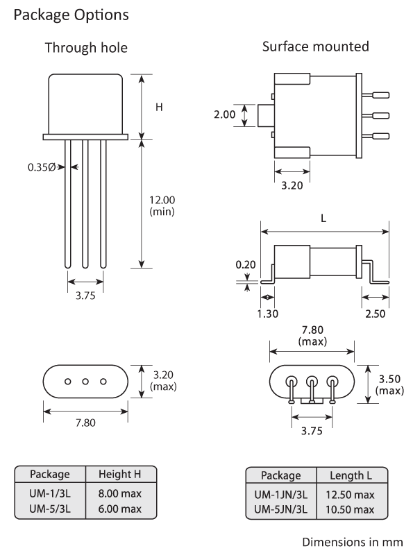 Package footprint and configuration drawing for UM-1 and UM-5 Crystal filters showing SMD options Package footprint and configuration drawing for UM-1 and UM-5 Crystal filters showing SMD options