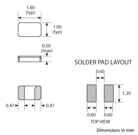 Package footprint and pad configuration drawing for the Golledge CM9V-T1A Crystal showing full dimensions. Package footprint and pad configuration drawing for the Golledge CM9V-T1A Crystal showing full dimensions.