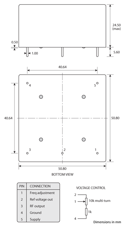 Package footprint and pad configuration drawing for the Golledge HCD 51x51 OCXO showing full dimensions.