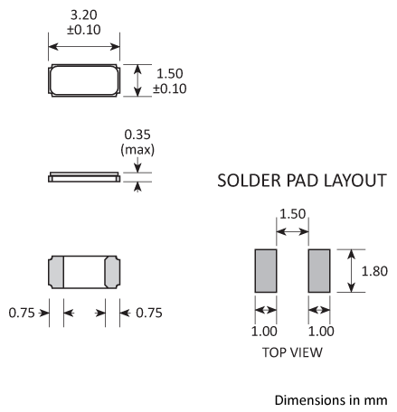 Package footprint and pad configuration drawing for the Golledge CC7 Crystals showing full dimensions.