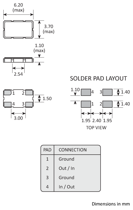 Package footprint and configuration drawing for a 6035 4-pad Golledge Crystal Filter showing full dimensions.