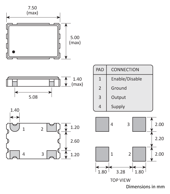 Package footprint and pad configuration drawing for the Golledge 7050 h=1.4mm 4-pad Oscillator showing full dimensions.