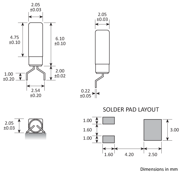 Package footprint and pad configuration drawing for the Golledge MS1V-T1K Crystal showing full dimensions.