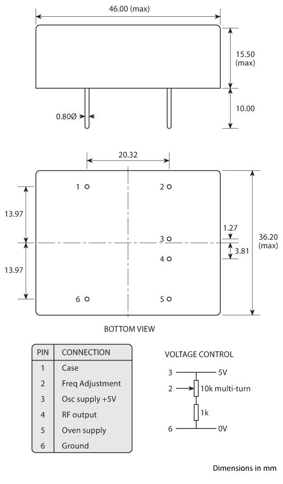 Package footprint and pad configuration drawing for the Golledge HCD 46x36 OCXO showing full dimensions.