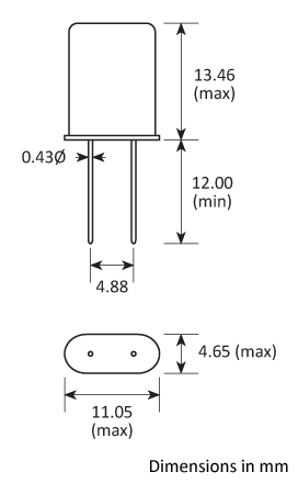 Package footprint and pad configuration drawing for the Golledge HC49 Crystal showing full dimensions. Package footprint and pad configuration drawing for the Golledge HC49 Crystal showing full dimensions.