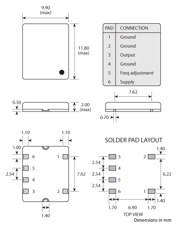 Package footprint and pad configuration drawing for the Golledge 10x12 smd TCXO showing full dimensions.
