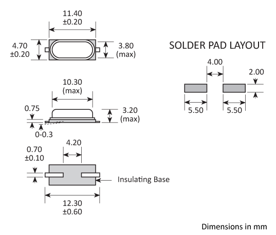 Package footprint and pad configuration drawing for the Golledge GSX49-3 Crystal showing full dimensions. Package footprint and pad configuration drawing for the Golledge GSX49-3 Crystal showing full dimensions.