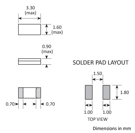 Package footprint and pad configuration drawing for the Golledge CC7 Crystals showing full dimensions. Package footprint and pad configuration drawing for the Golledge CC7 Crystals showing full dimensions.