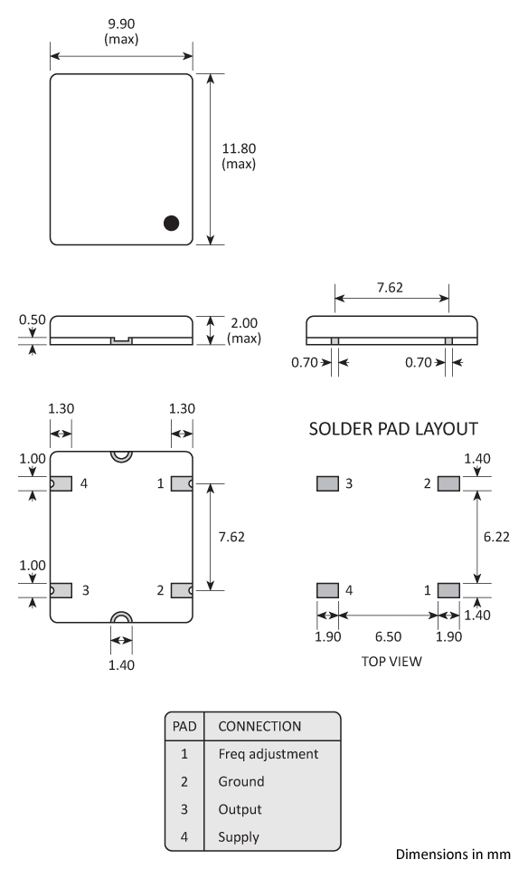 Package footprint and pad configuration drawing for a 10x12 Golledge TCXO showing full dimensions. Package footprint and pad configuration drawing for a 10x12 Golledge TCXO showing full dimensions.