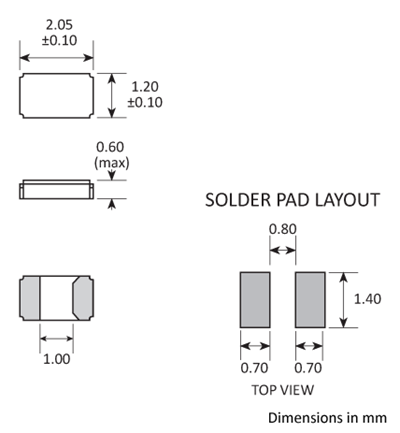 Package footprint and pad configuration drawing for the Golledge GWX-2012 Crystal showing full dimensions.