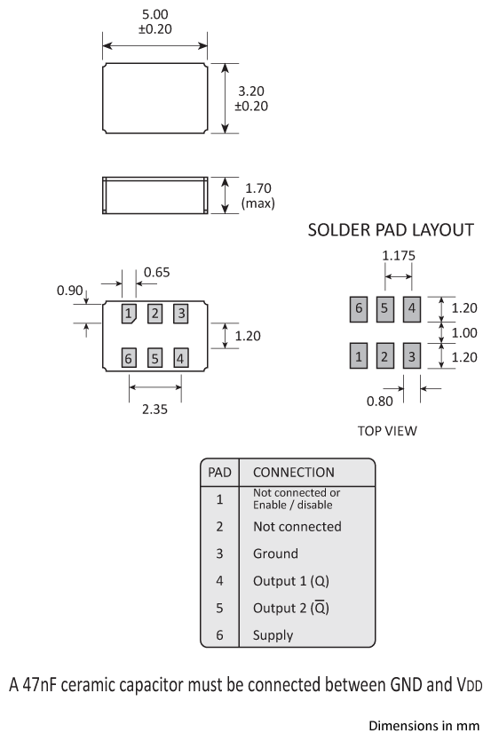 Package footprint and pad configuration drawing for the Golledge MCSO2L Oscillator showing full dimensions.
