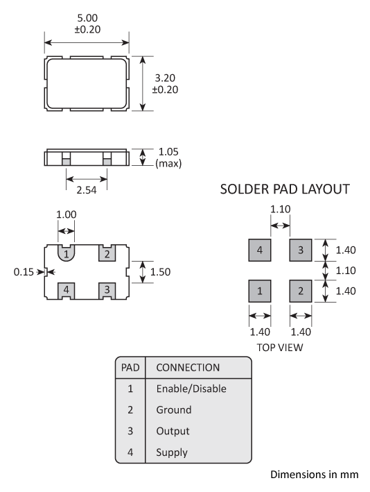 Package footprint and pad configuration drawing for a Golledge 5032 Oscillator showing full dimensions. Package footprint and pad configuration drawing for a Golledge 5032 Oscillator showing full dimensions.