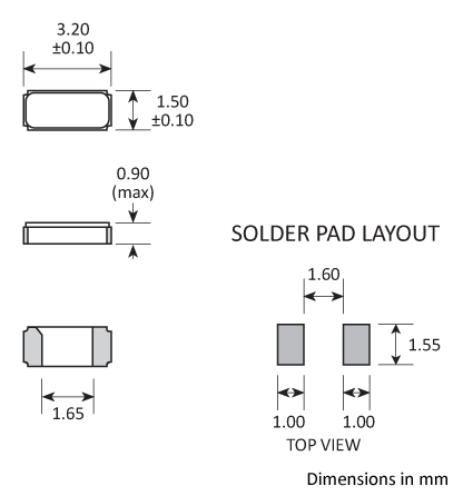 Package footprint and pad configuration drawing for the Golledge GRX-315 / GRX-315 Crystal showing full dimensions.