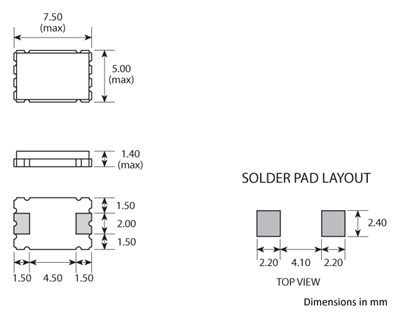 Package footprint and pad configuration drawing for the Golledge GSX-1A Crystal showing full dimensions.