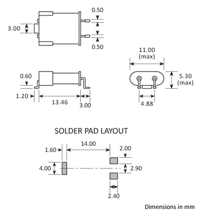 Package footprint and pad configuration drawing for the Golledge HC49J Crystal showing full dimensions.