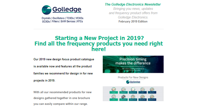 Check out the Golledge Electronics February 2019 newsletter for updates on new products and the launch of our 2019 New Design Focus Catalogue