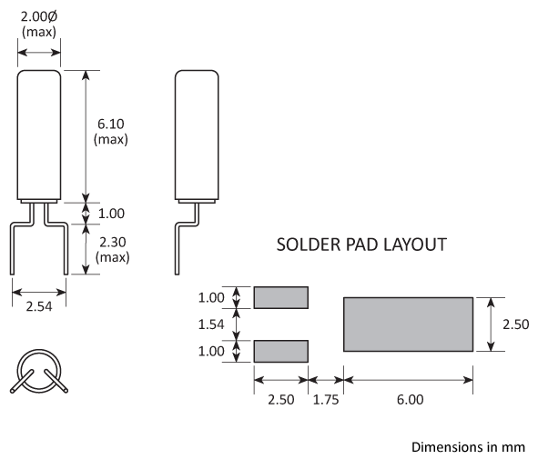 Package footprint drawing for the Golledge 2x6 SMD cylinder package Package footprint drawing for the Golledge 2x6 SMD cylinder package