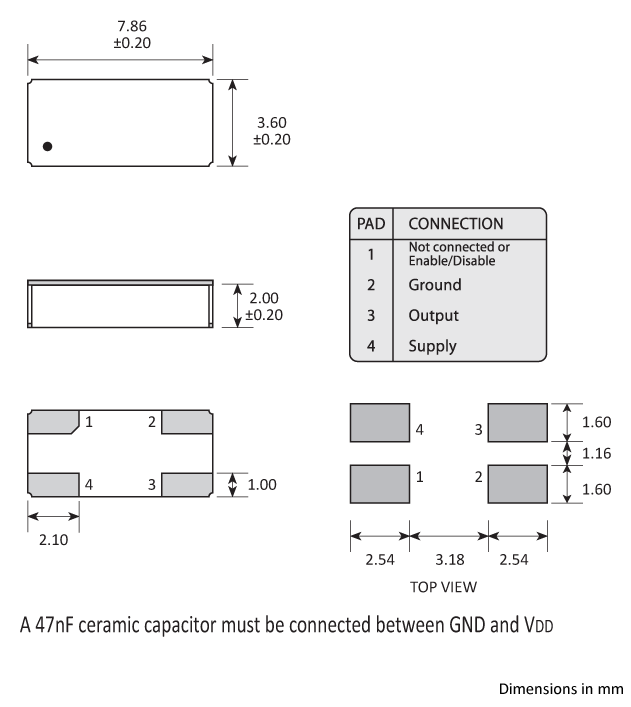 Package footprint and pad configuration drawing for the Golledge 7.9 x 3.6 x 2.2mm Oscillator Package footprint and pad configuration drawing for the Golledge 7.9 x 3.6 x 2.2mm Oscillator