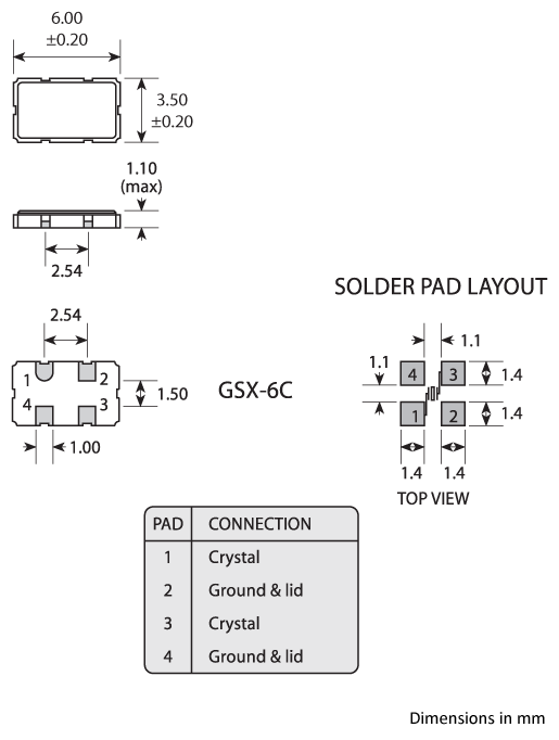 Package footprint and pad configuration drawing for the Golledge GSX-6C Crystal showing full dimensions. Package footprint and pad configuration drawing for the Golledge GSX-6C Crystal showing full dimensions.