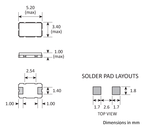 Package footprint and pad configuration drawing for the Golledge GSX-8A Crystal showing full dimensions. Package footprint and pad configuration drawing for the Golledge GSX-8A Crystal showing full dimensions.