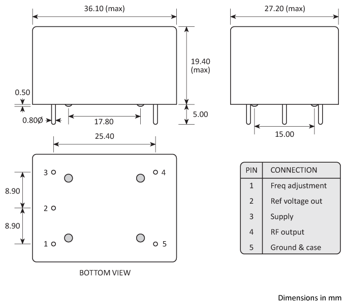 Package footprint and pad configuration drawing for the Golledge HCD300 series OCXOs showing full dimensions.