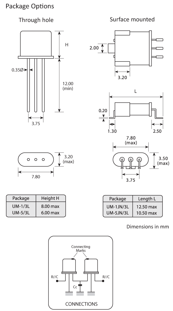 Package footprint and configuration drawing for 2-unit UM-1 and UM-5 Crystal filters Package footprint and configuration drawing for 2-unit UM-1 and UM-5 Crystal filters