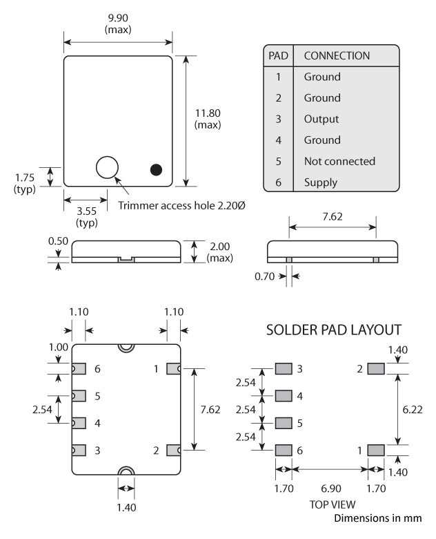 Package footprint and pad configuration drawing for the Golledge GTXO-566T TCXO showing full dimensions.