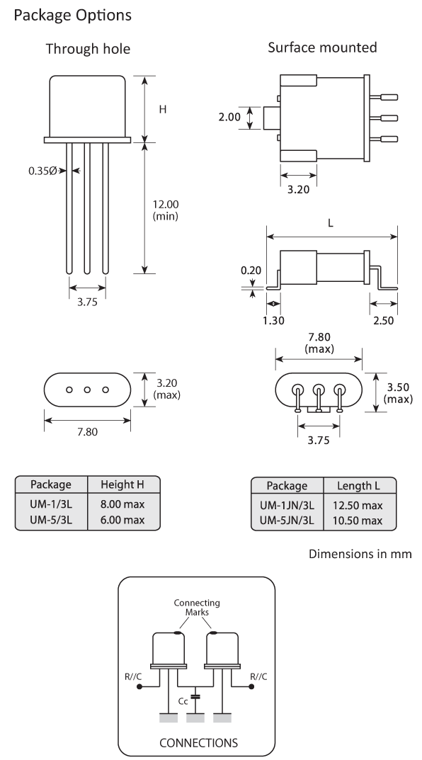 Package footprint and configuration drawing for 2-unit UM-1 and UM-5 Crystal filters