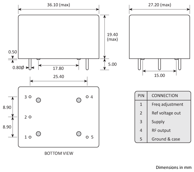 Package footprint and pad configuration drawing for the Golledge HCD300 series OCXOs showing full dimensions. Package footprint and pad configuration drawing for the Golledge HCD300 series OCXOs showing full dimensions.