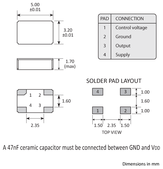 Package footprint and pad configuration drawing for the Golledge VCXO2EV VCXO showing full dimensions.