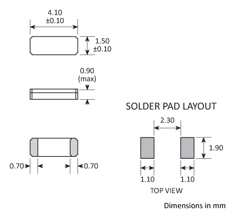 Package footprint and pad configuration drawing for the Golledge CC5V-T1A Crystal showing full dimensions. Package footprint and pad configuration drawing for the Golledge CC5V-T1A Crystal showing full dimensions.