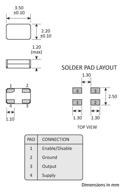 Package footprint and pad configuration drawing for a 3.5 x 2.2 x 1.2mm Golledge Oscillator.