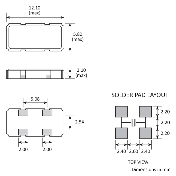 Package footprint and pad configuration drawing for the Golledge GSX-11 Crystal showing full dimensions. Package footprint and pad configuration drawing for the Golledge GSX-11 Crystal showing full dimensions.
