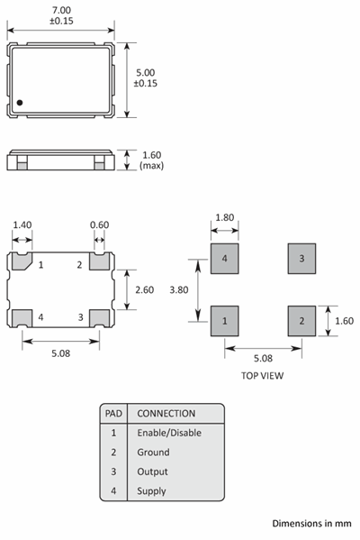 Package footprint and pad configuration drawing for the Golledge GXO-7504 Oscillator showing full dimensions.
