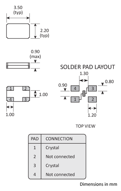 Package footprint and pad configuration drawing for the Golledge CC6 Crystal showing full dimensions.