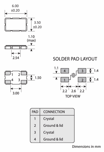 Package footprint and pad configuration drawing for the Golledge GSX-6B Crystal showing full dimensions.